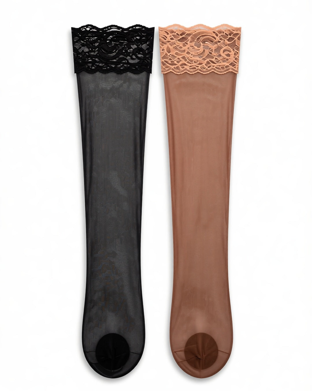 Lace Top Sheer Thigh-High Socks, 3 Pairs in Black, Apricot, Coffee, laid flat to show the full piece.