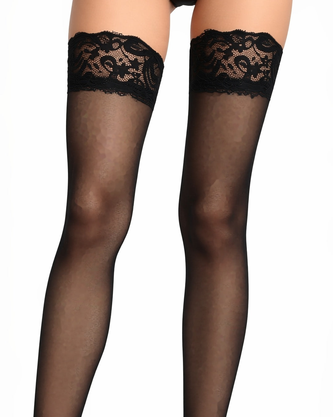 Lace Top Sheer Thigh-High Socks, 3 Pairs, detail close-up of the lace top bands of both stockings on her thighs. onmodel