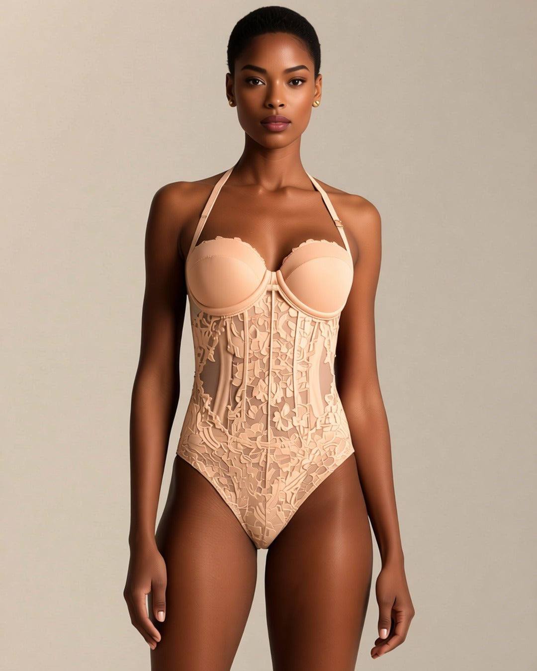 Halter Lace Bodysuit in apricot, front view on a model.