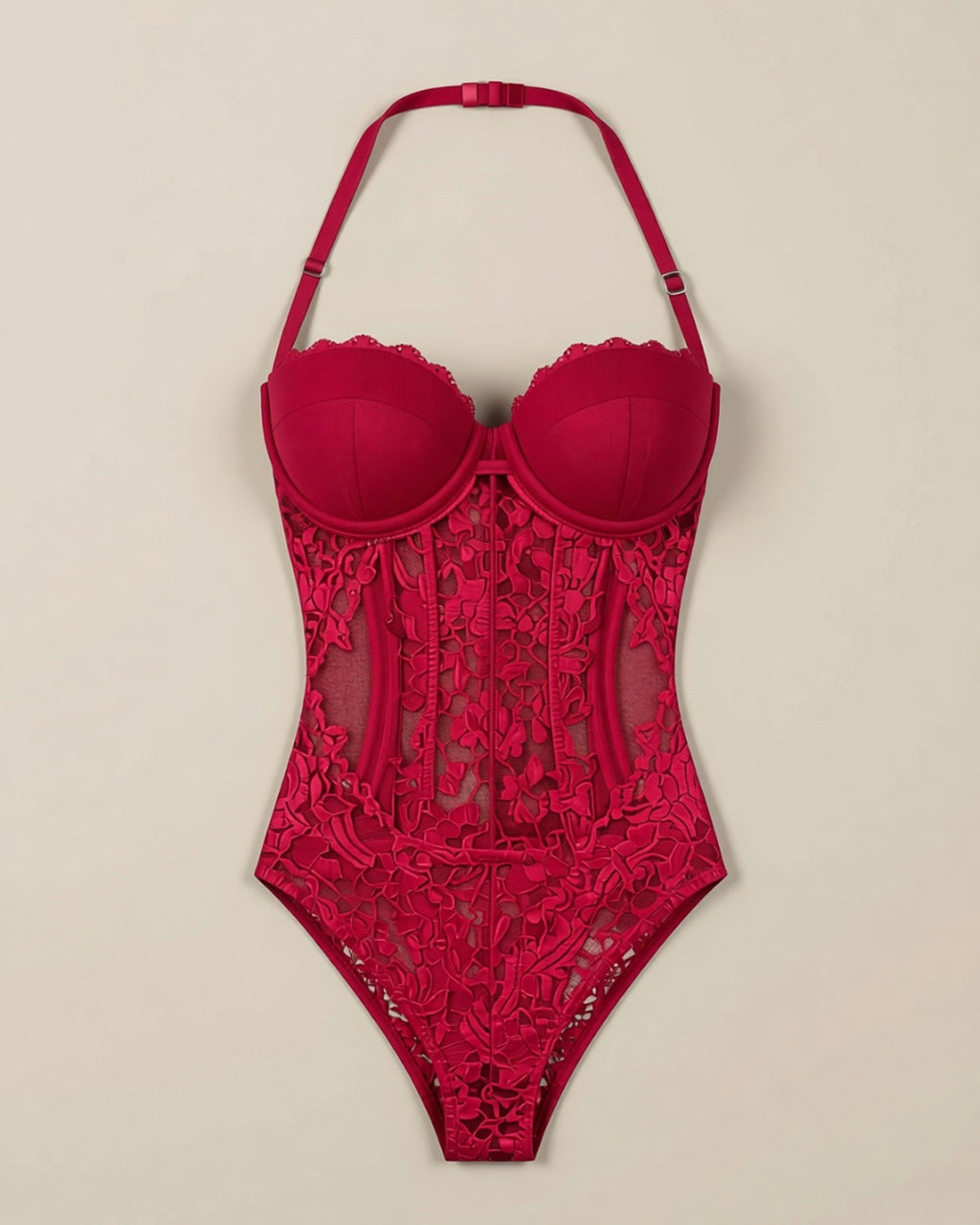 Halter Lace Bodysuit, laid flat to show the full piece.