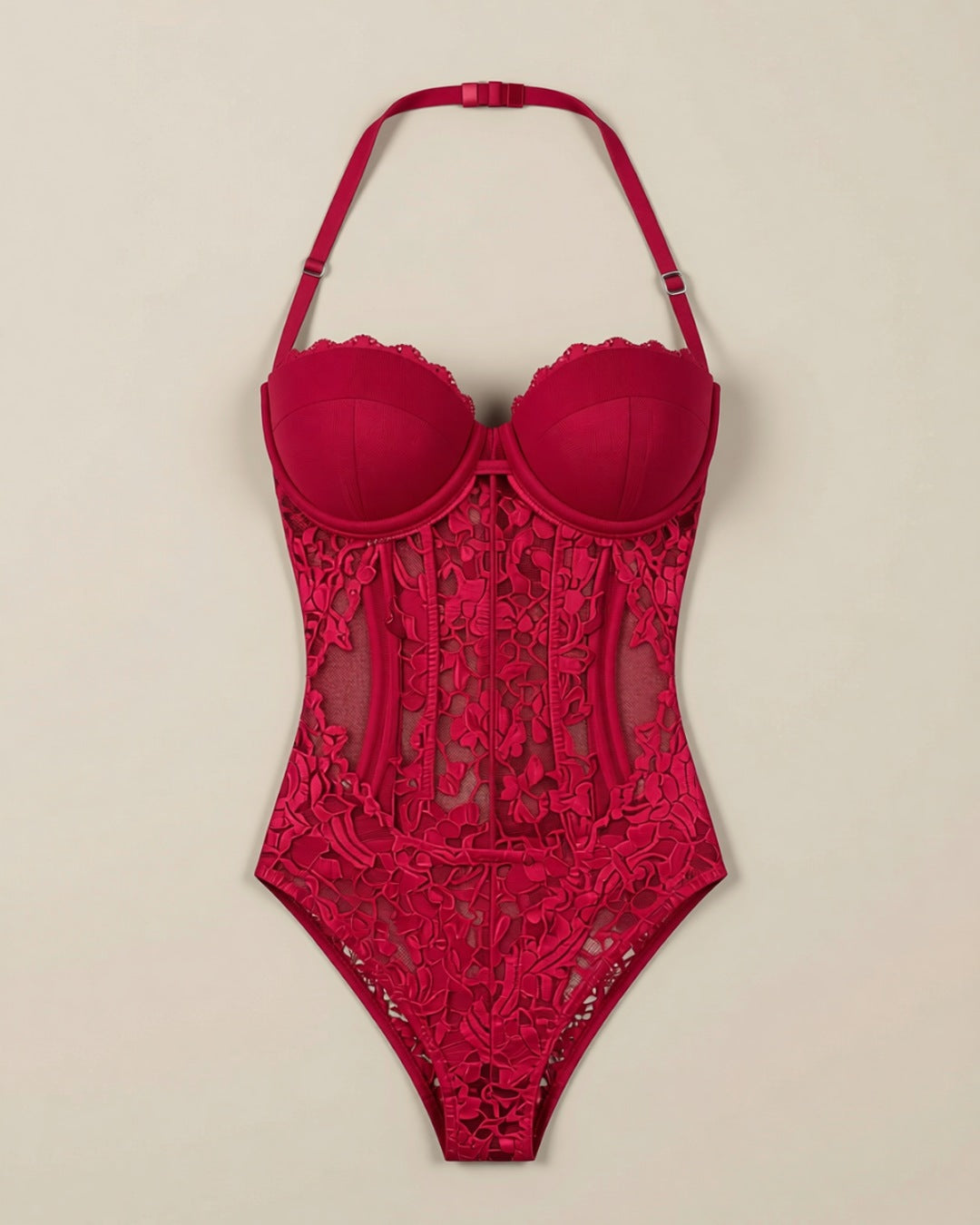 Halter Lace Bodysuit, laid flat to show the full piece.