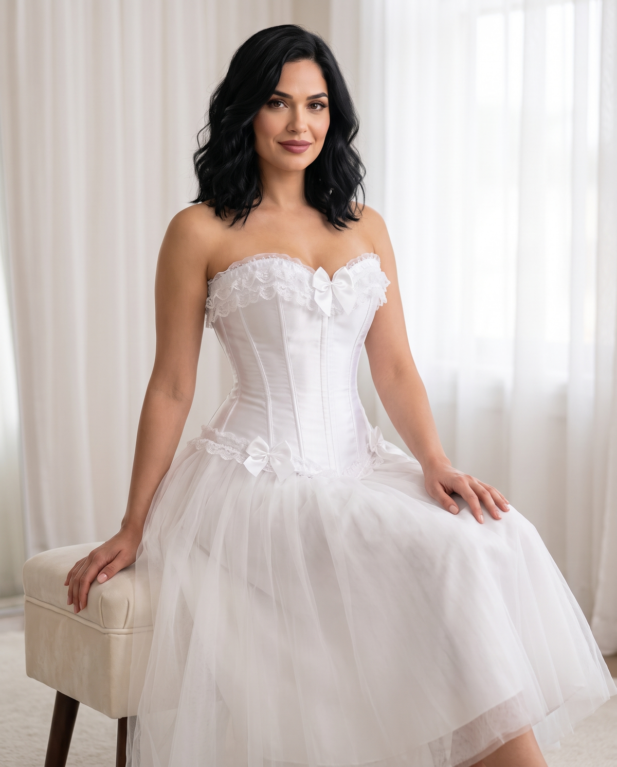 Woman in a white satin corset bustier with lace trim and a white tulle skirt, seated