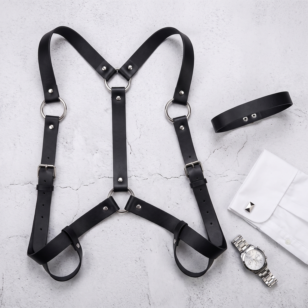 Black faux leather chest harness laid flat on concrete beside a shirt cuff and a watch
