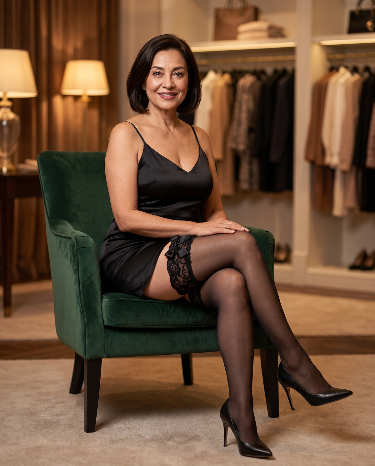 Woman seated in a green velvet armchair wearing a black slip dress and sheer black thigh-high stockings with lace tops and satin bows
