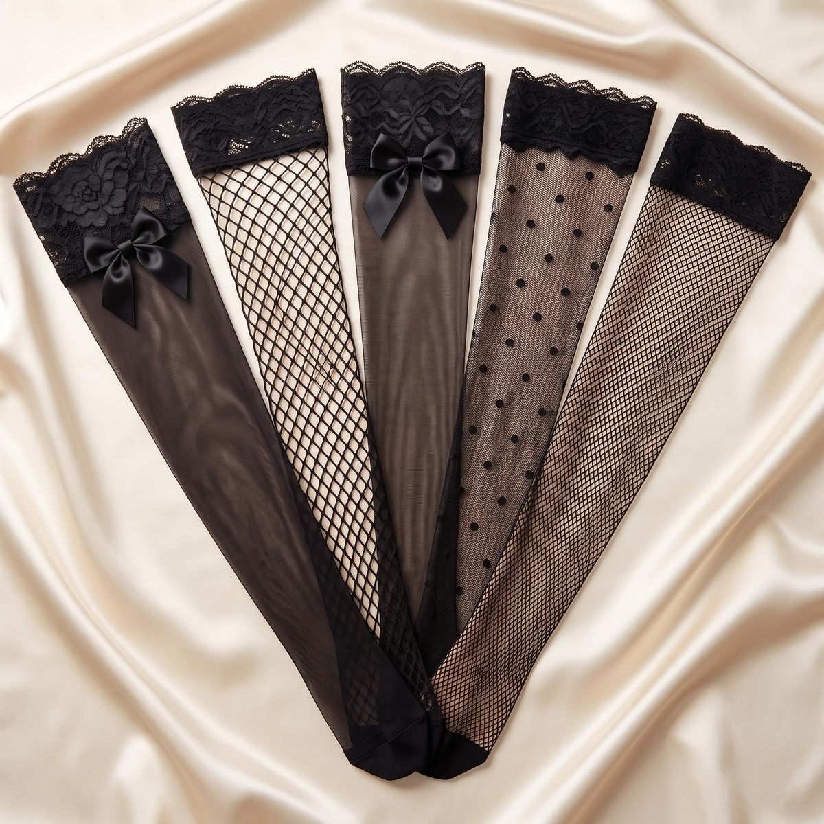 Five pairs of black thigh-high stockings fanned out on cream satin