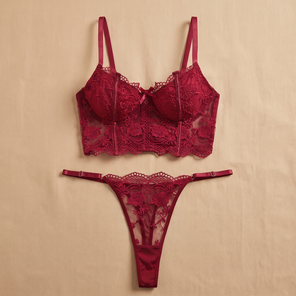 Burgundy lace longline bra and matching thong laid flat