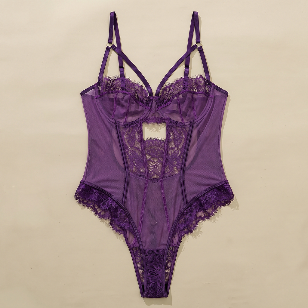 Deep purple lace bodysuit with mesh cups and high-cut lace legs laid flat