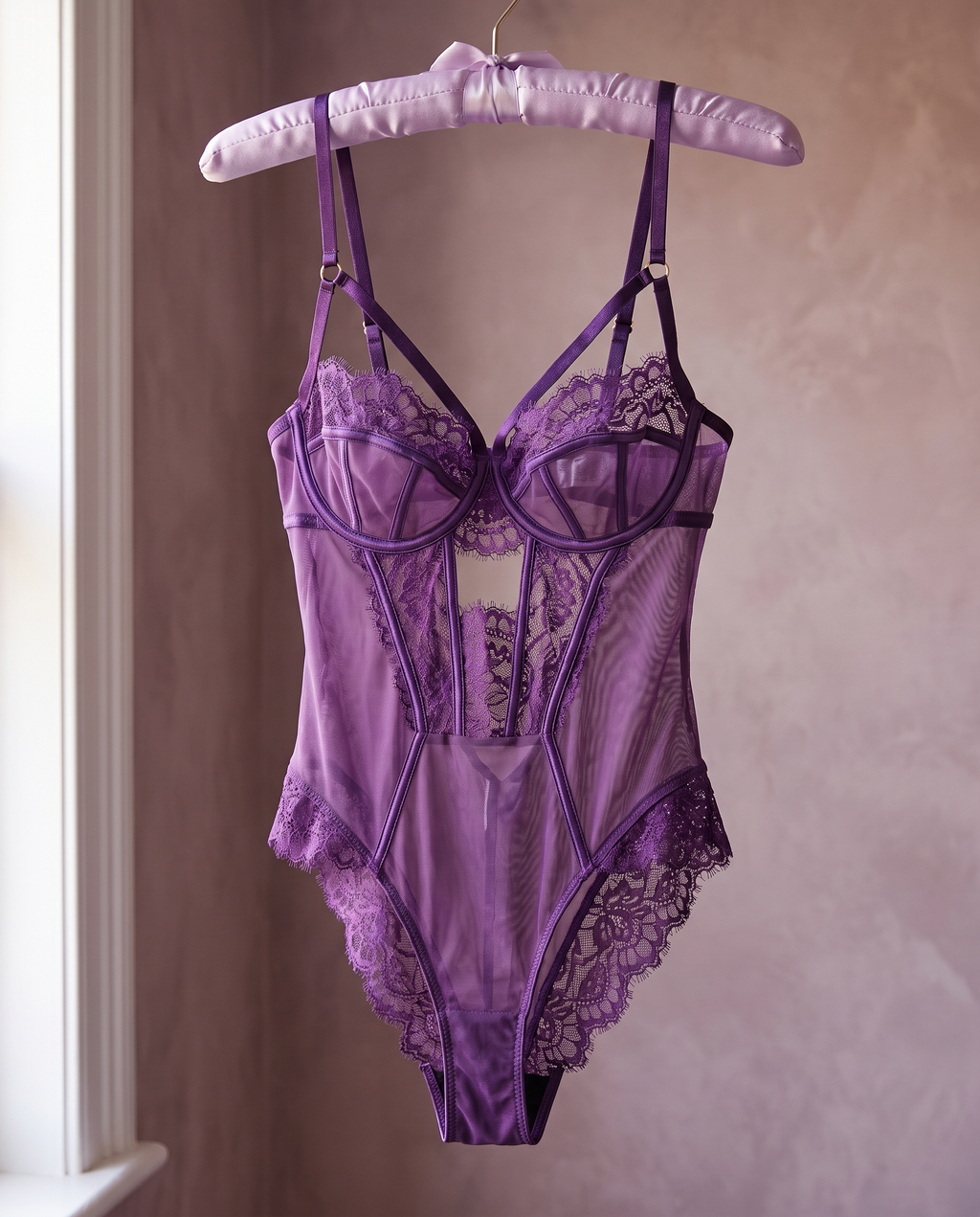 Deep purple lace bodysuit on a lilac satin hanger against a mauve wall