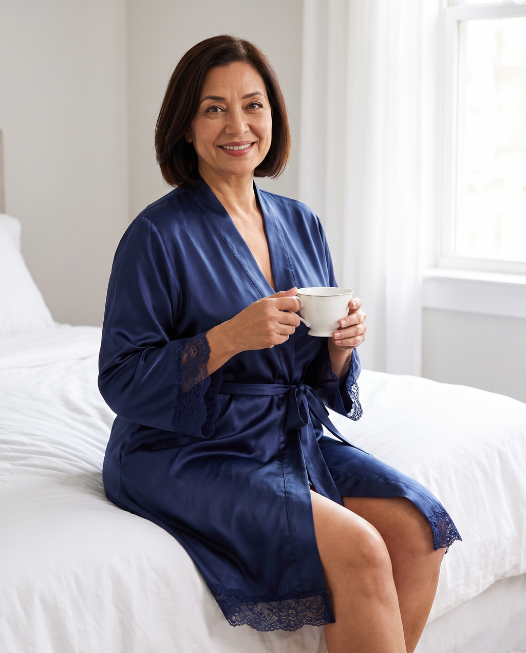 Woman in a navy satin robe seated on a bed, holding a teacup