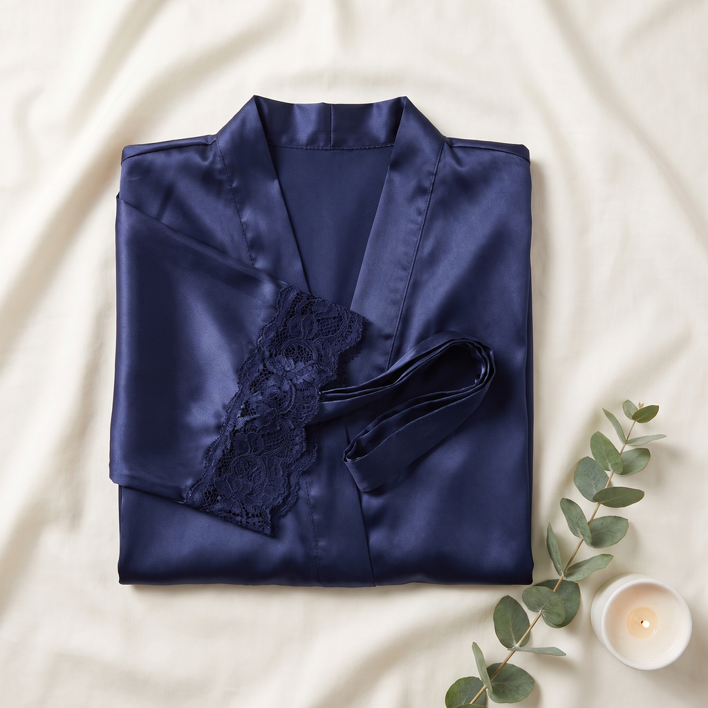 Folded navy satin robe with lace trim on linen
