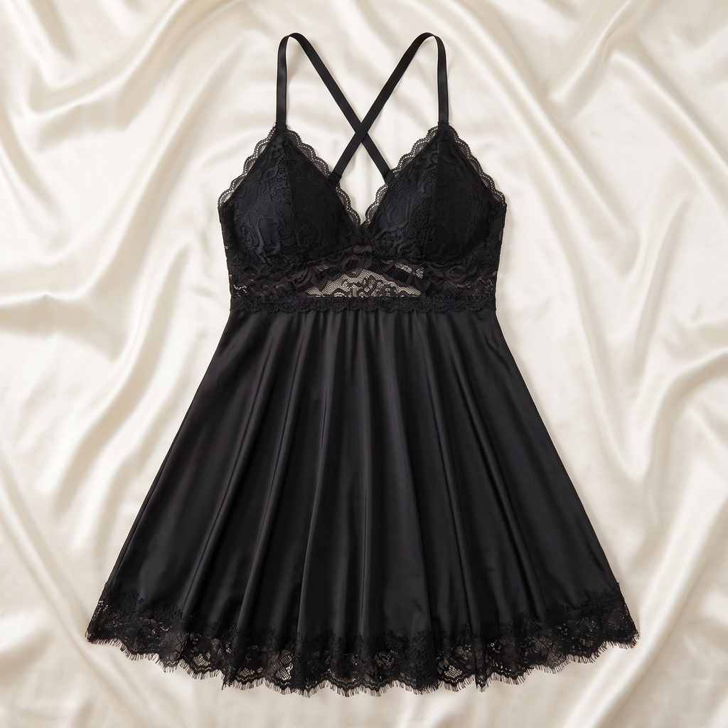 Black lace babydoll with a glossy satin skirt laid flat on ivory satin