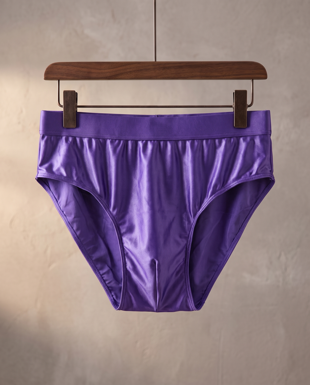 Purple satin-finish men's briefs hanging on a wooden clip hanger