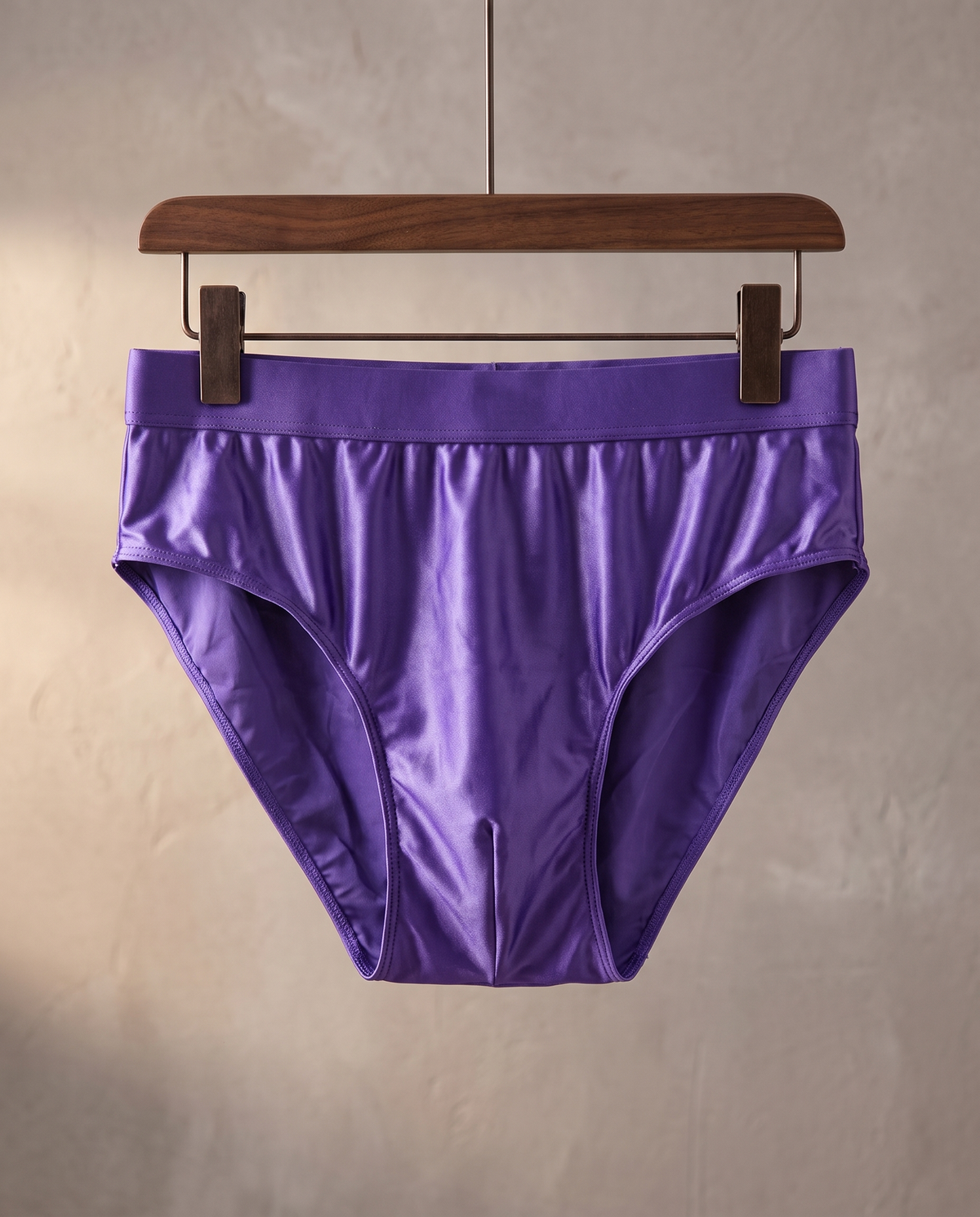 Purple satin-finish men's briefs hanging on a wooden clip hanger