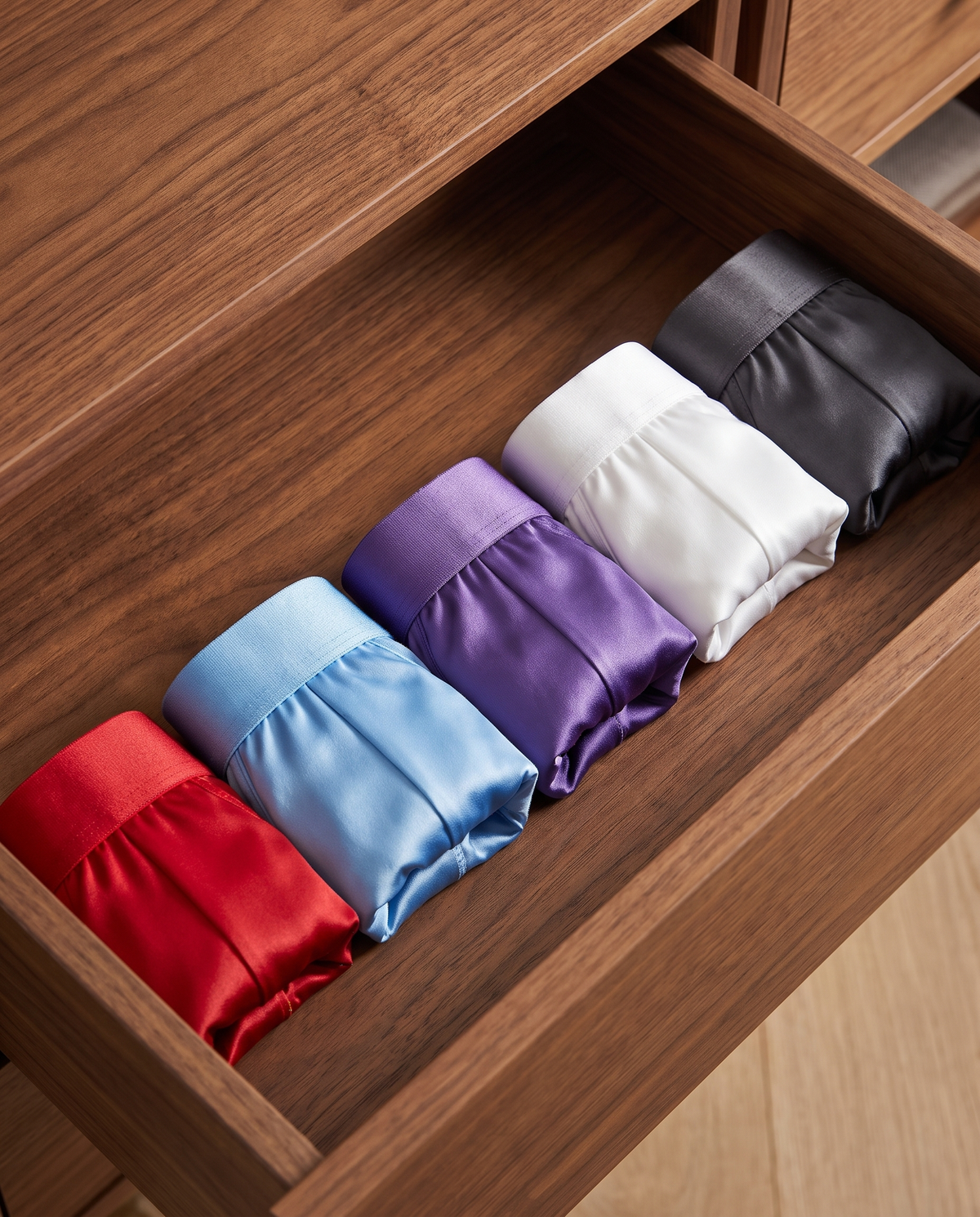 Folded pairs of men's satin-finish briefs in a walnut drawer