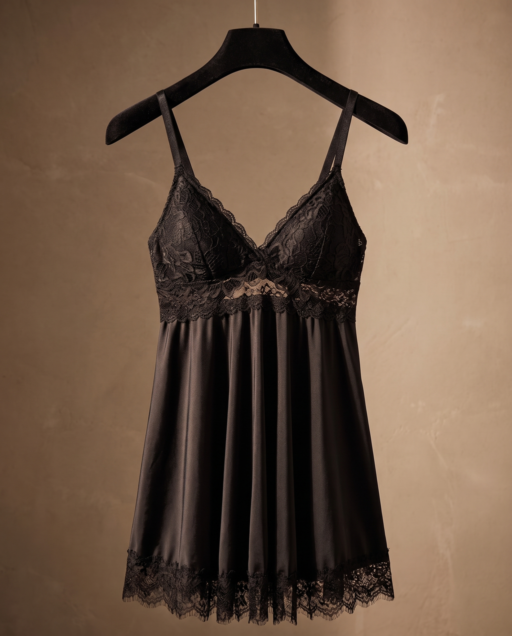 Black lace babydoll with a satin skirt on a black velvet hanger