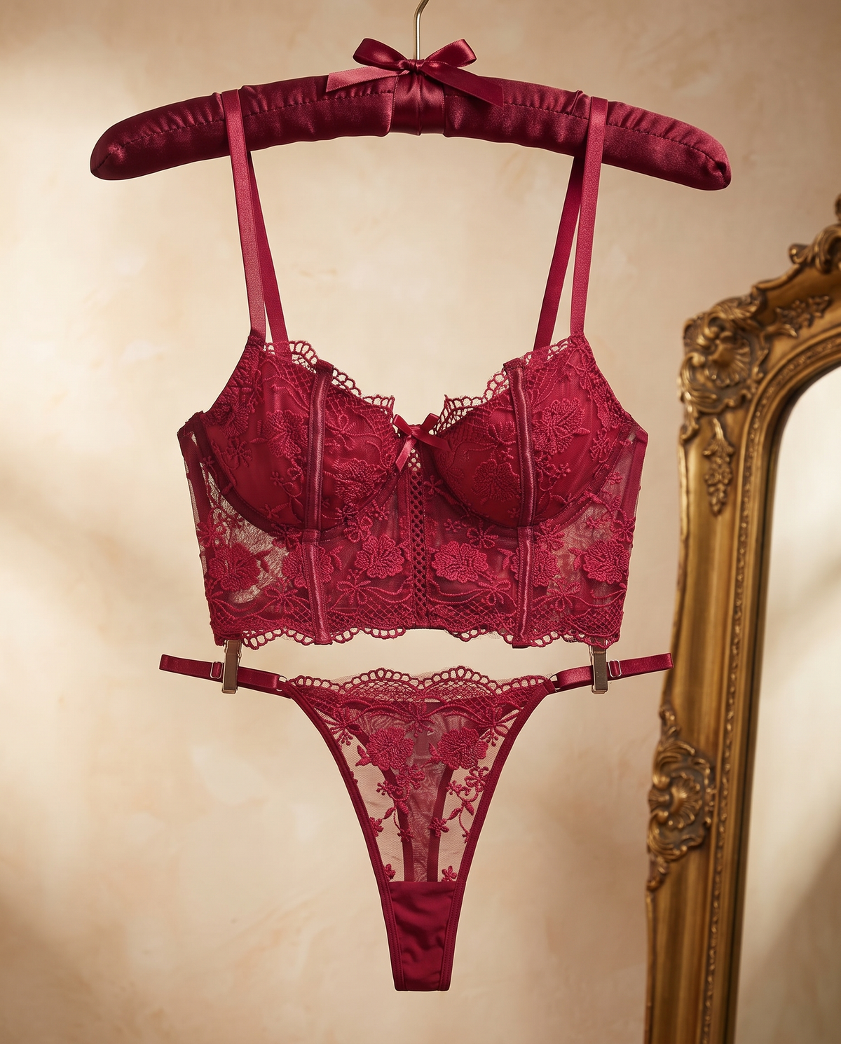 Burgundy lace bra and thong set on a burgundy velvet hanger