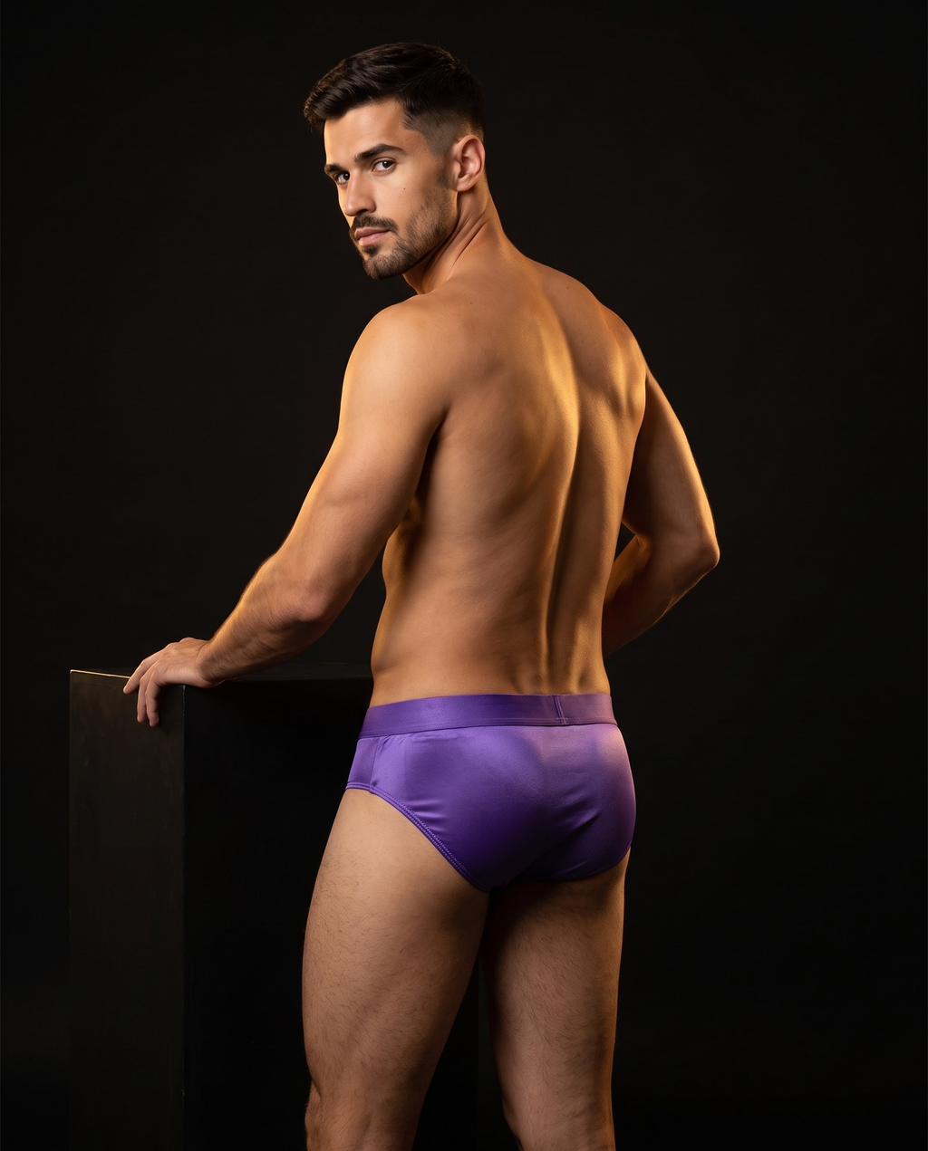 Men's Satin-Finish Low-Rise Briefs, back view on model Karim (EUP-M01).