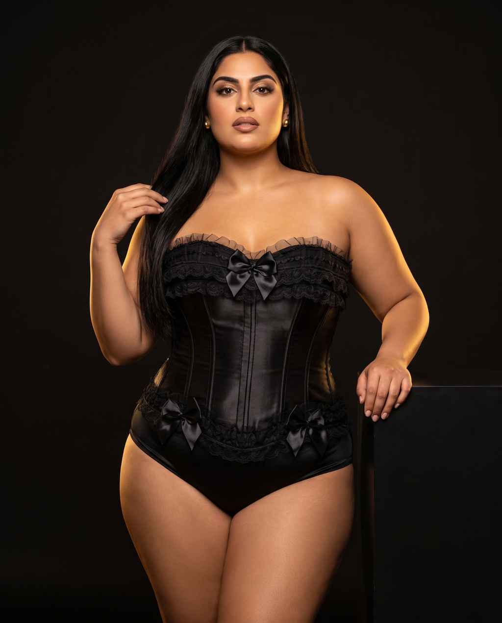 Satin Lace-Up Corset Bustier, front view on model Reem (EUP-W05). Pieces other than the corset are styling only.