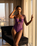 Purple Lace Bodysuit, front view on model Amira (EUP-W03).