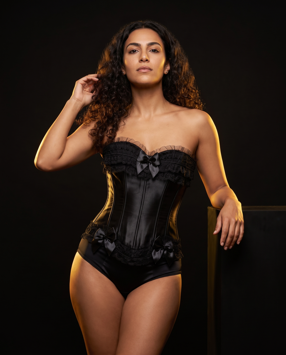 Satin Lace-Up Corset Bustier, front view on model Yasmin (EUP-W08). Pieces other than the corset are styling only.