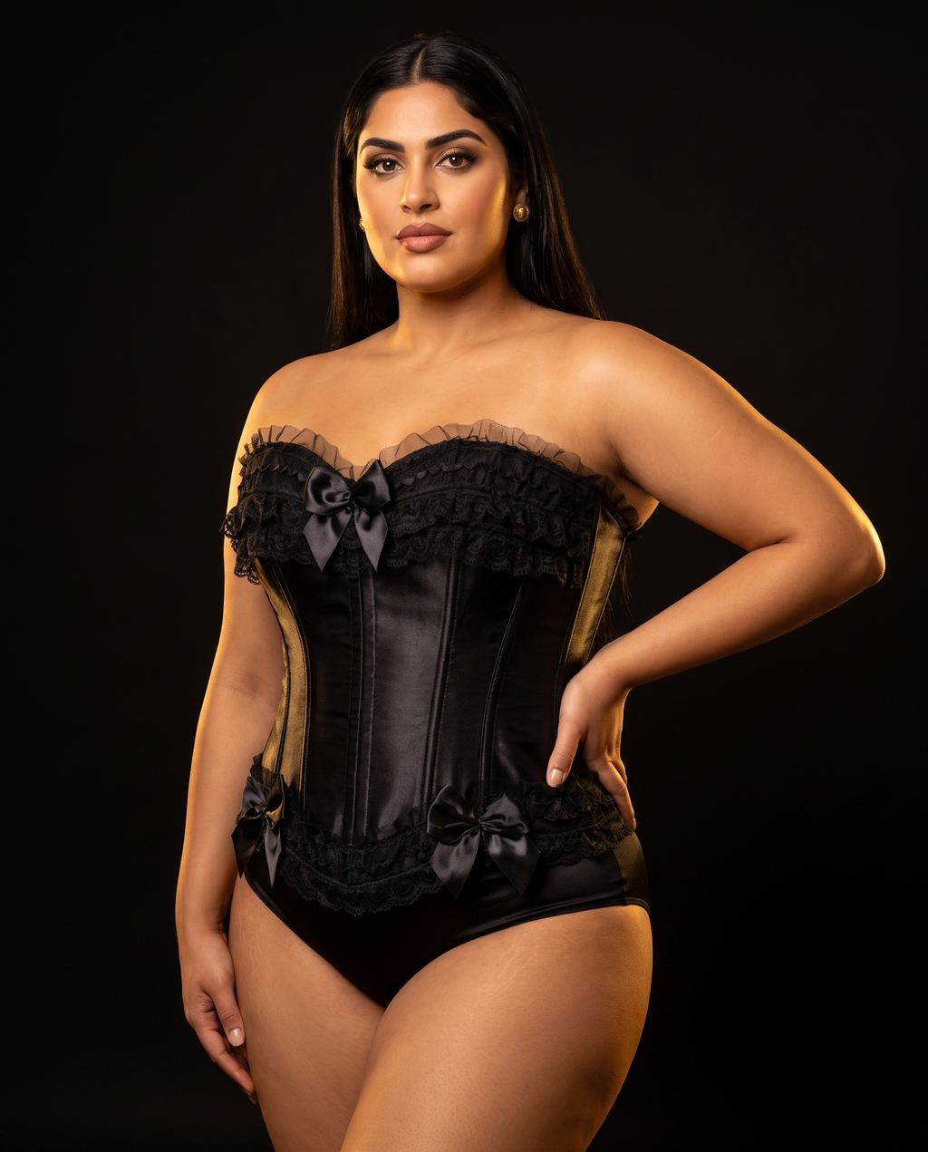 Satin Lace-Up Corset Bustier, three-quarter view on model Reem (EUP-W05). Pieces other than the corset are styling only.