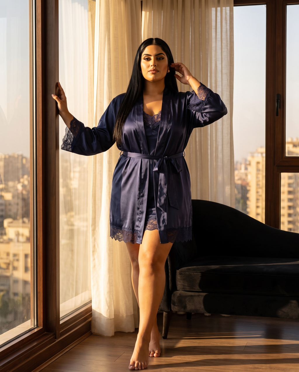 Navy Satin Robe with Lace Trim, front view on model Reem (EUP-W05).