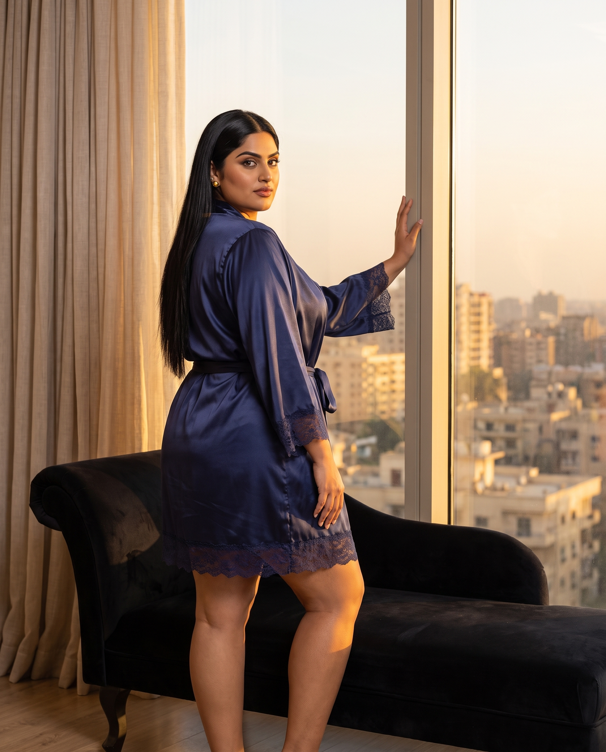 Navy Satin Robe with Lace Trim, back view on model Reem (EUP-W05).