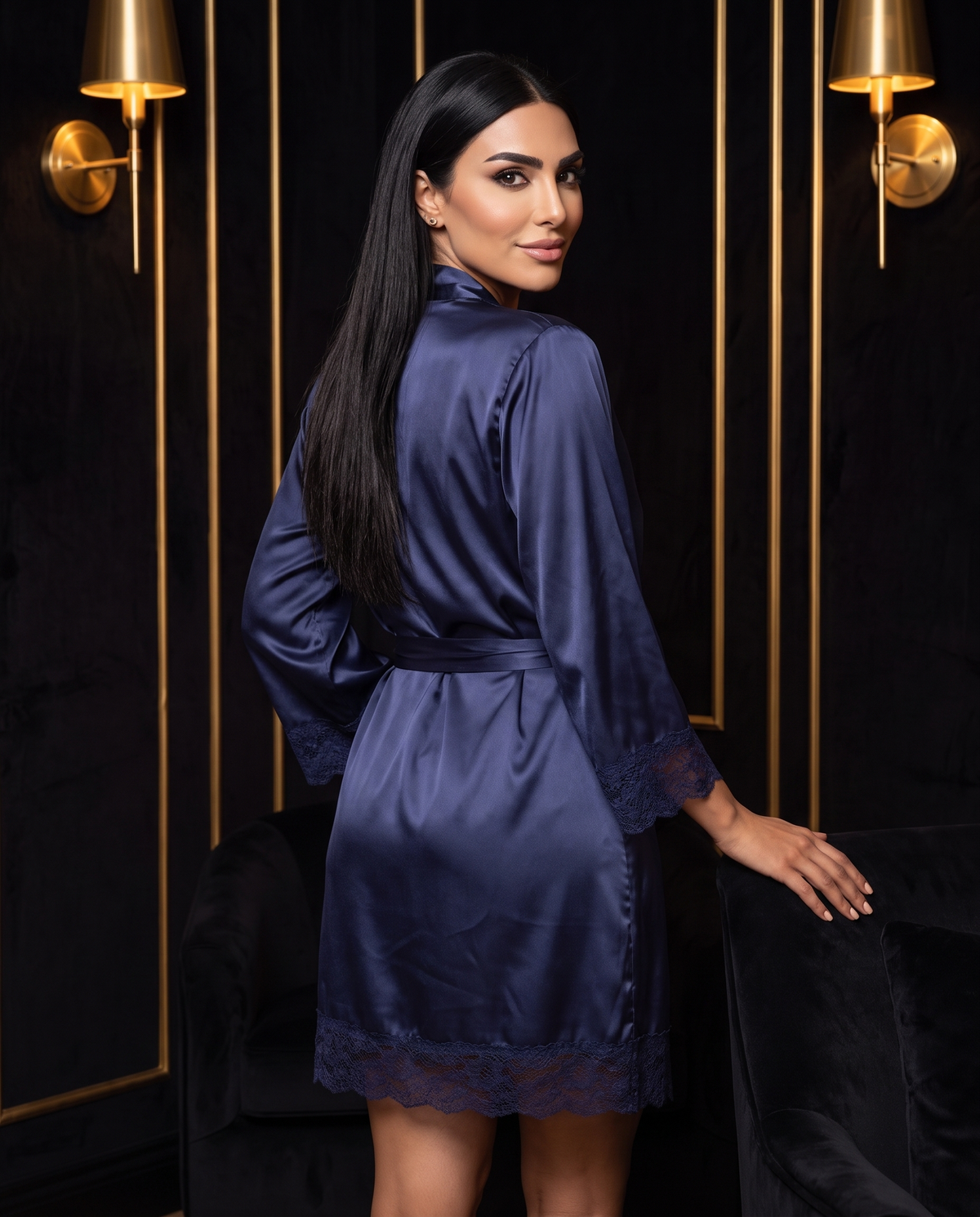 Navy Satin Robe with Lace Trim, back view on model Dana (EUP-W09).