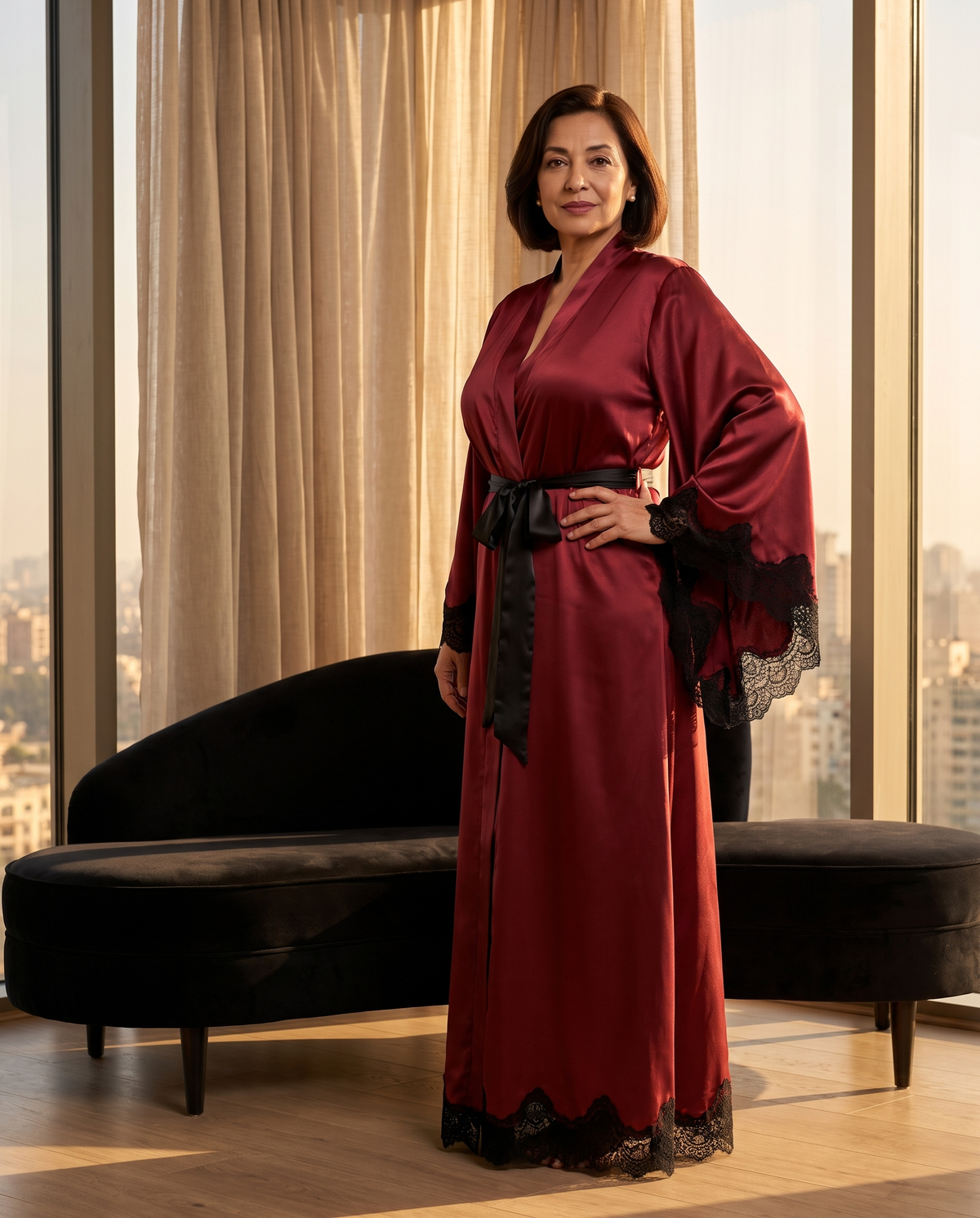 Long Satin Kimono Robe with Lace Trim, three-quarter view on model Hana (EUP-W07).