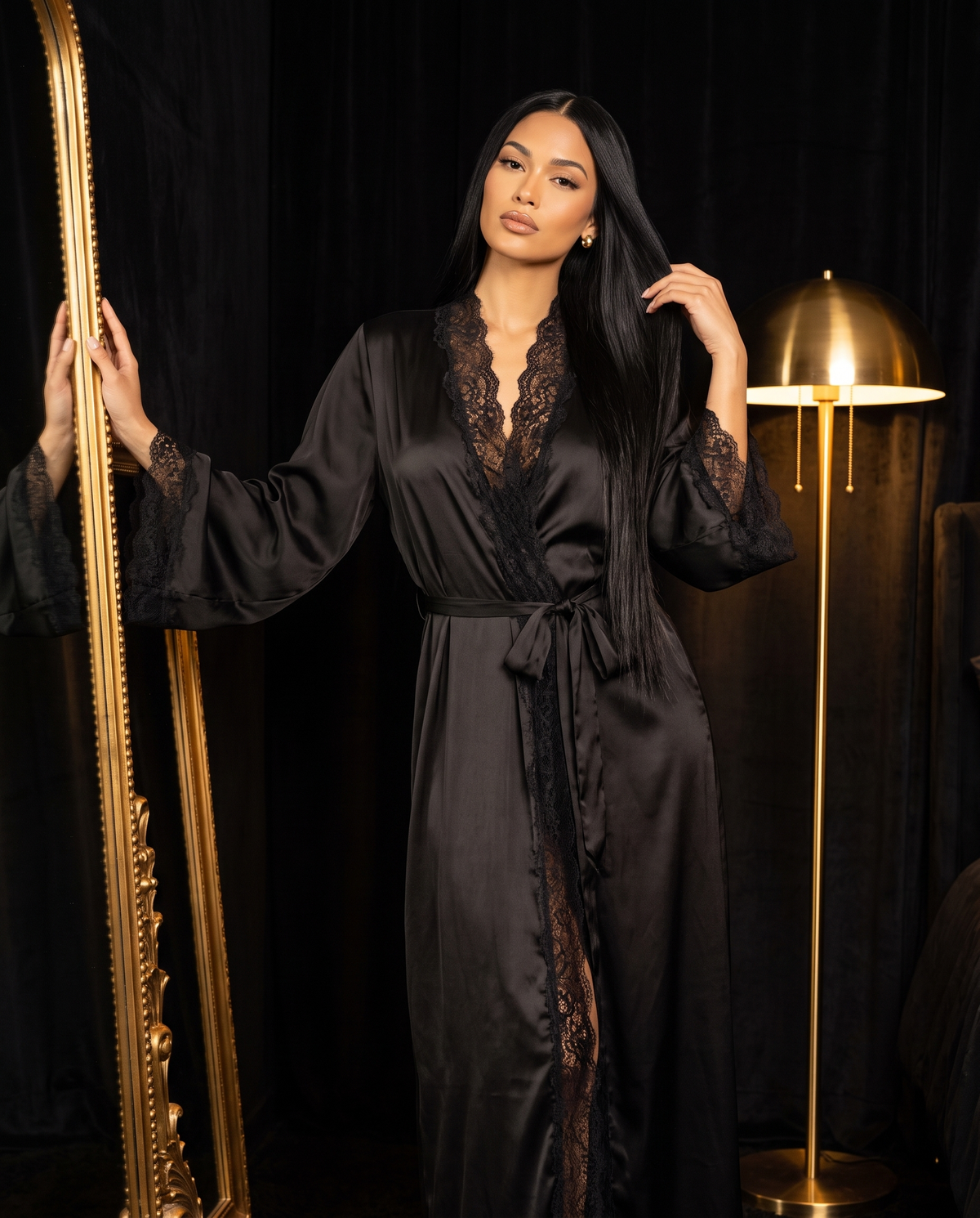 Long Satin Kimono Robe with Lace Trim, front view on model Dana (EUP-W09).