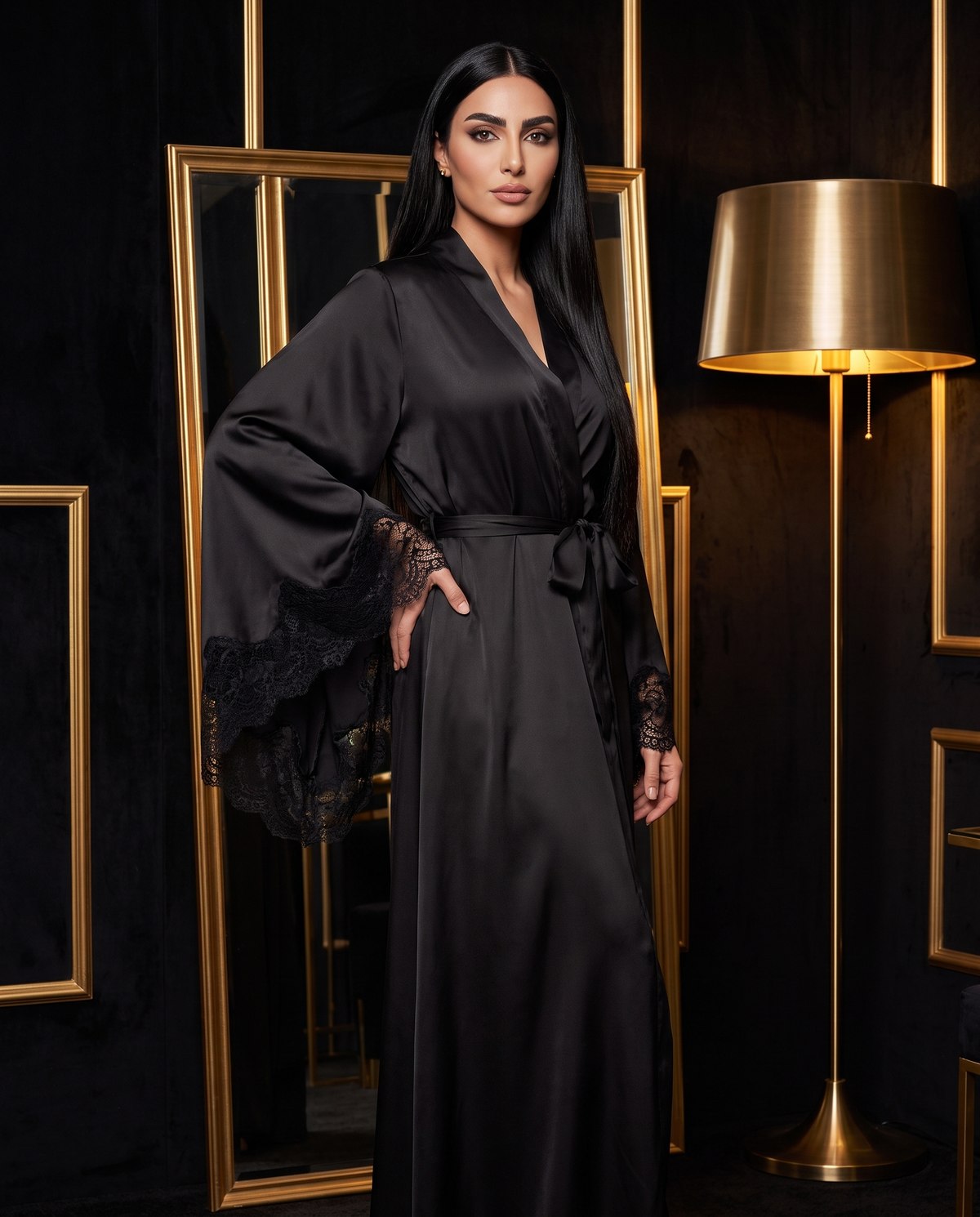 Long Satin Kimono Robe with Lace Trim, three-quarter view on model Dana (EUP-W09).