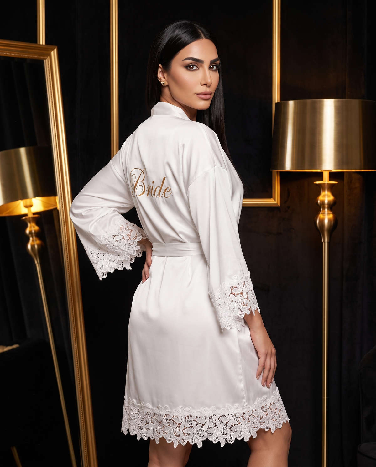 Satin and Lace Bride and Bridesmaid Robe, three-quarter view on model Dana (EUP-W09).