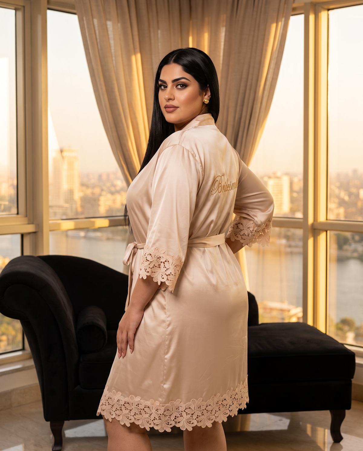 Satin and Lace Bride and Bridesmaid Robe, three-quarter view on model Reem (EUP-W05).