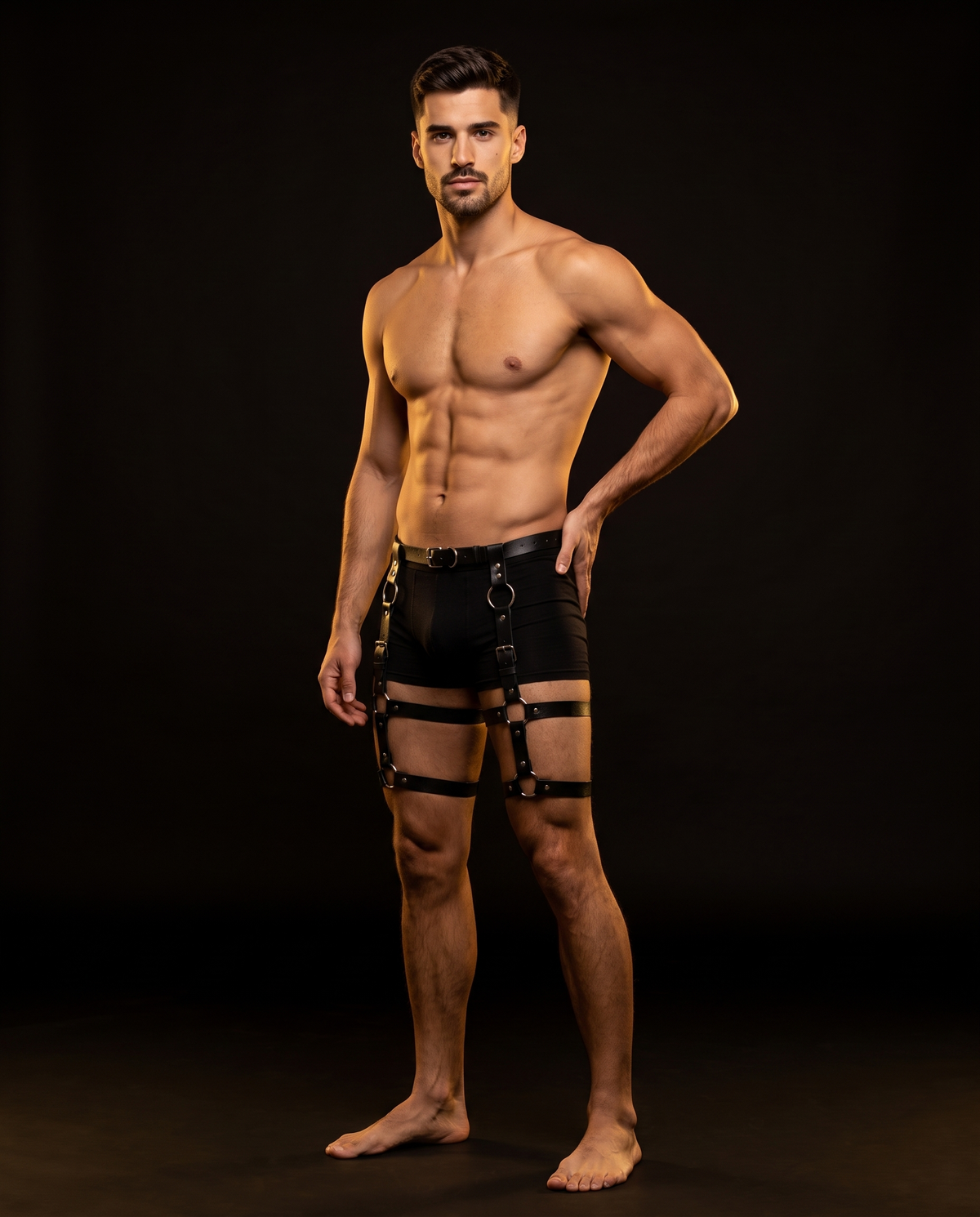 Faux Leather Thigh Harness Cage, three-quarter view on model Karim (EUP-M01).