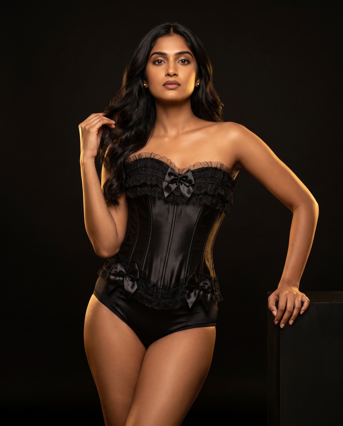 Satin Lace-Up Corset Bustier, front view on model Maya (EUP-W06). Pieces other than the corset are styling only.