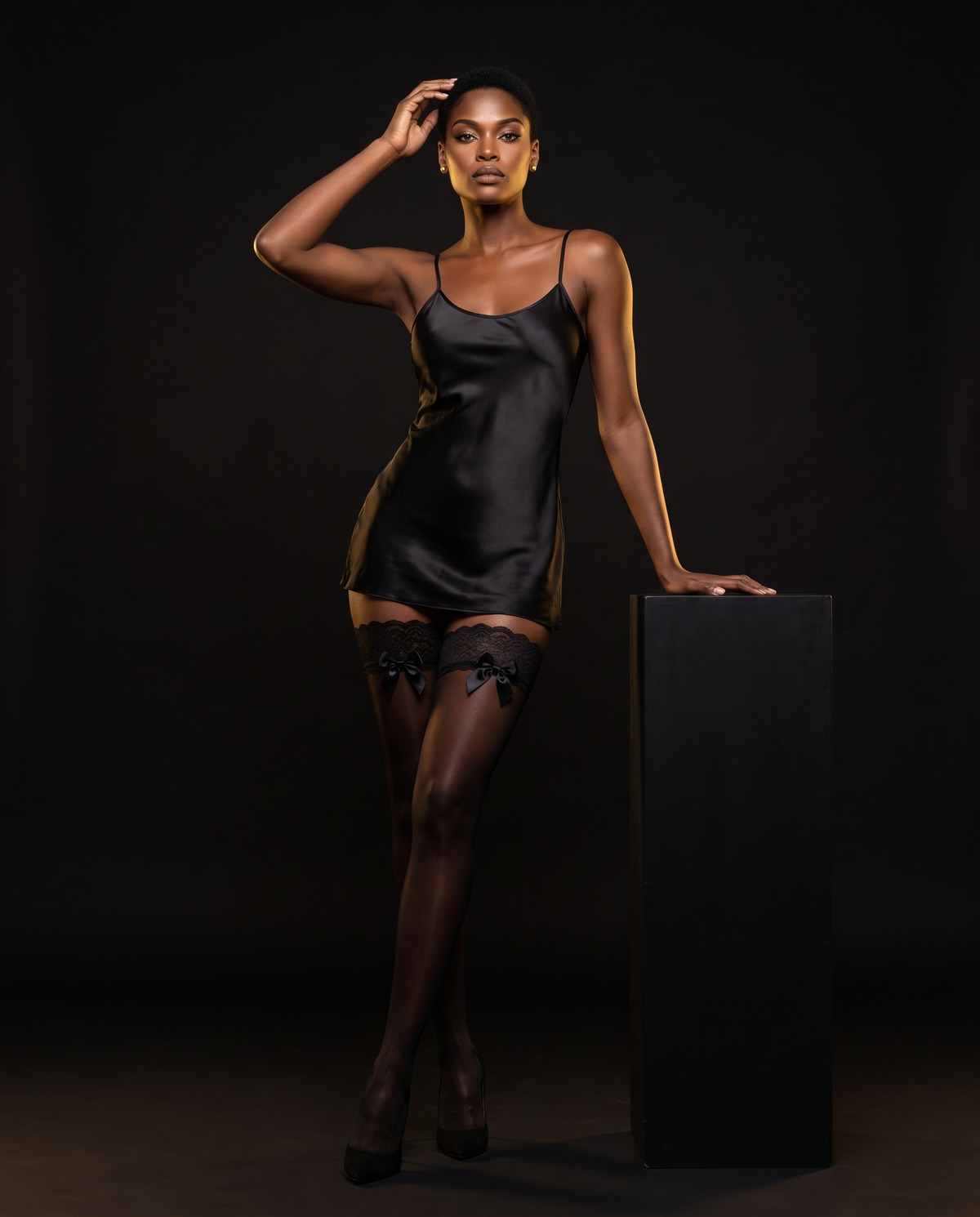Thigh-High Stockings, Set of 5 Pairs, front view on model Amira (EUP-W03). The satin slip is styling only.