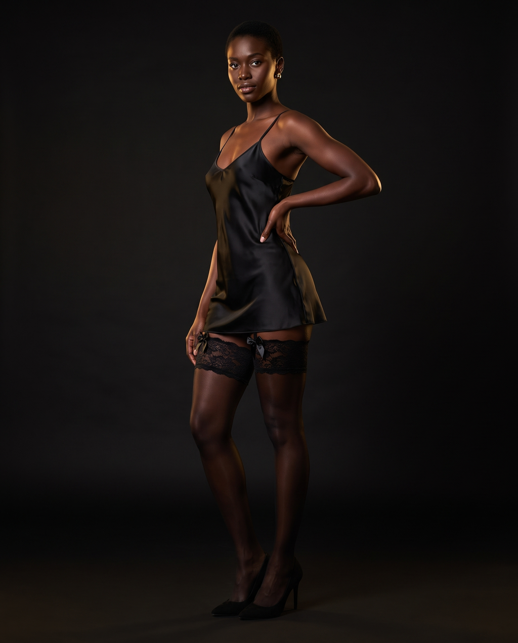 Thigh-High Stockings, Set of 5 Pairs, three-quarter view on model Amira (EUP-W03). The satin slip is styling only.