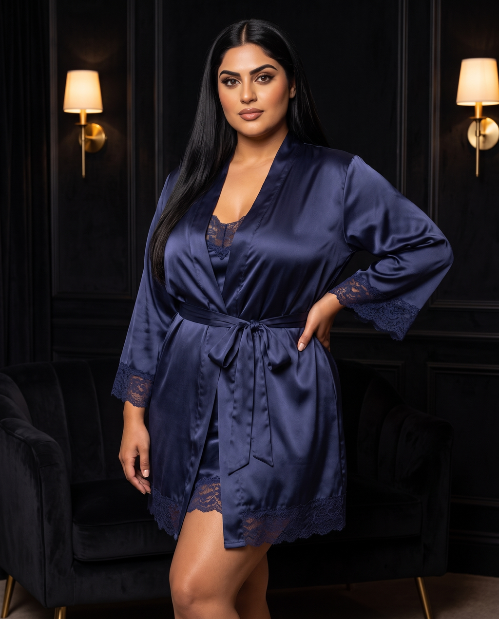 Navy Satin Robe with Lace Trim, three-quarter view on model Reem (EUP-W05).