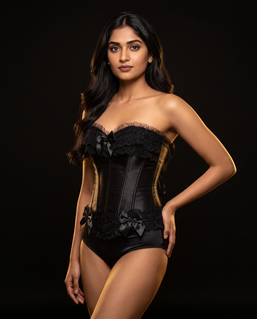 Satin Lace-Up Corset Bustier, three-quarter view on model Maya (EUP-W06). Pieces other than the corset are styling only.