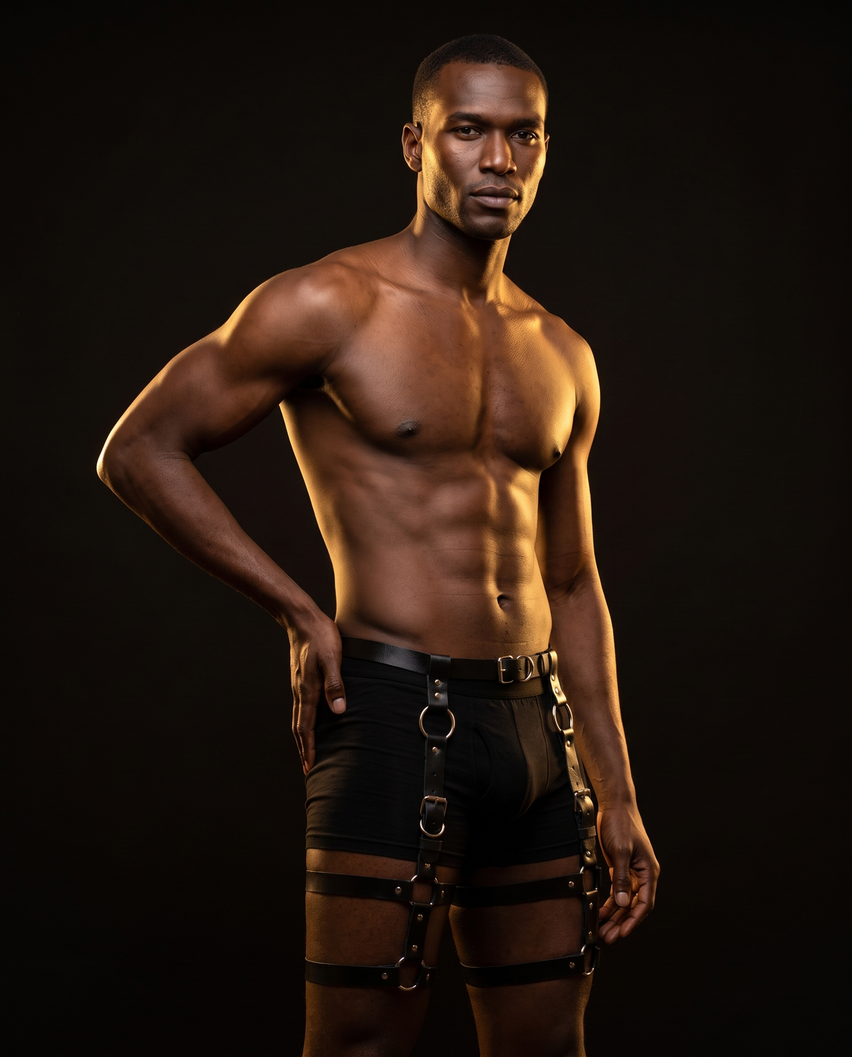 Faux Leather Thigh Harness Cage, three-quarter view on model Tarek (EUP-M03).