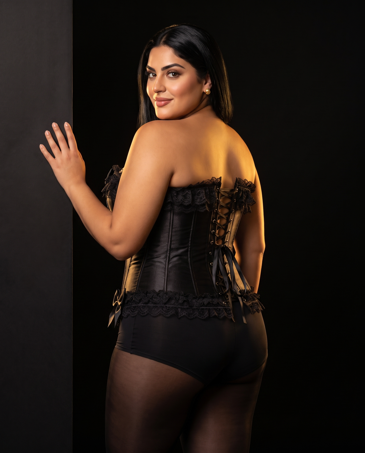 Satin Lace-Up Corset Bustier, back view on model Reem (EUP-W05). Black boyshorts and tights are styling only.