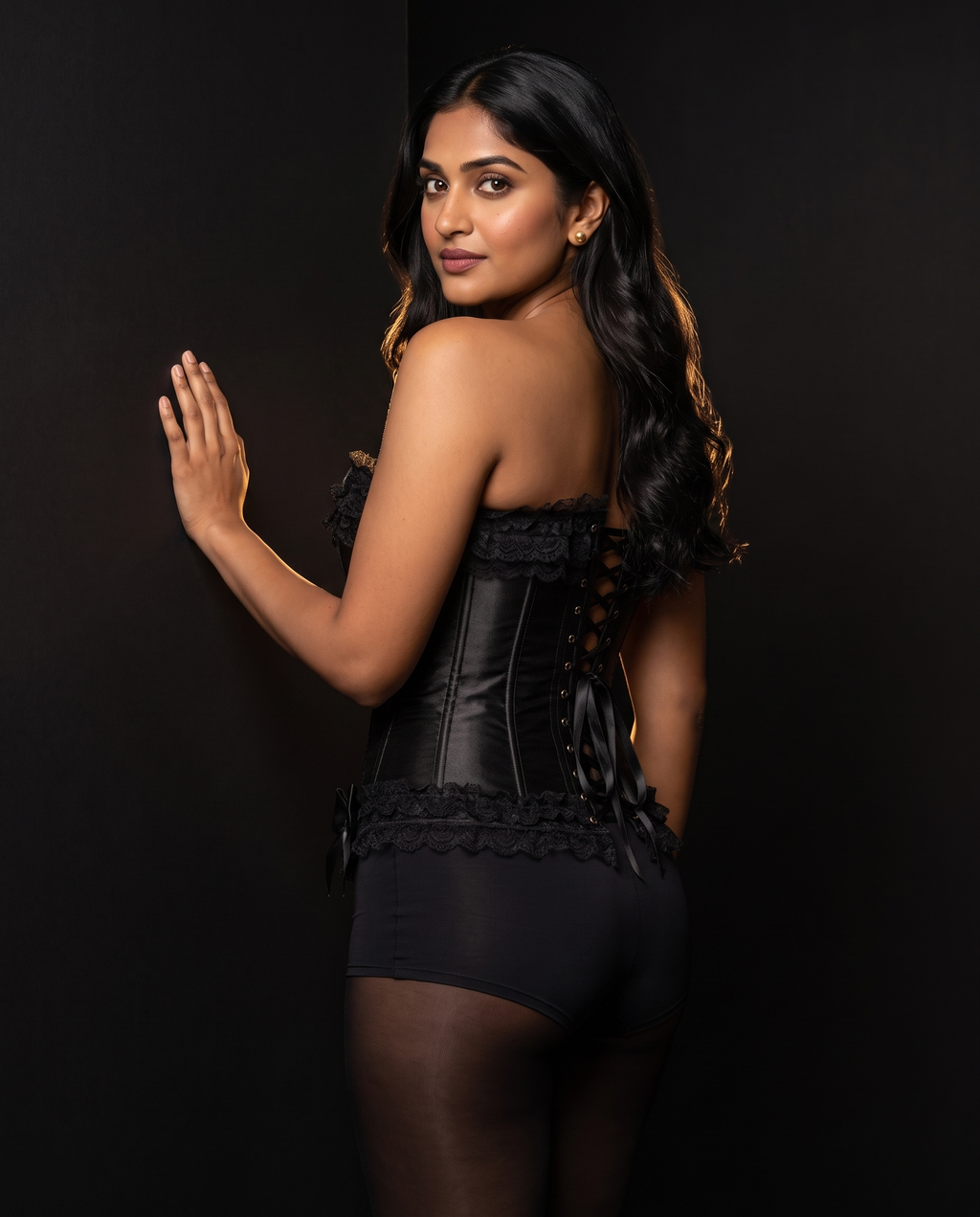 Satin Lace-Up Corset Bustier, back view on model Maya (EUP-W06). Black boyshorts and tights are styling only.