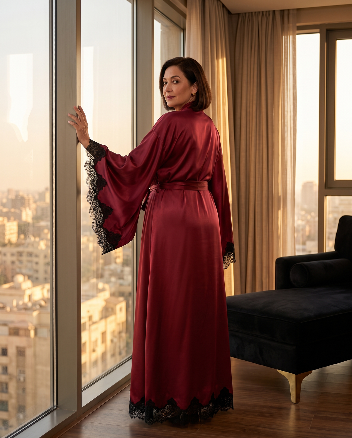 Long Satin Kimono Robe with Lace Trim, back view on model Hana (EUP-W07).