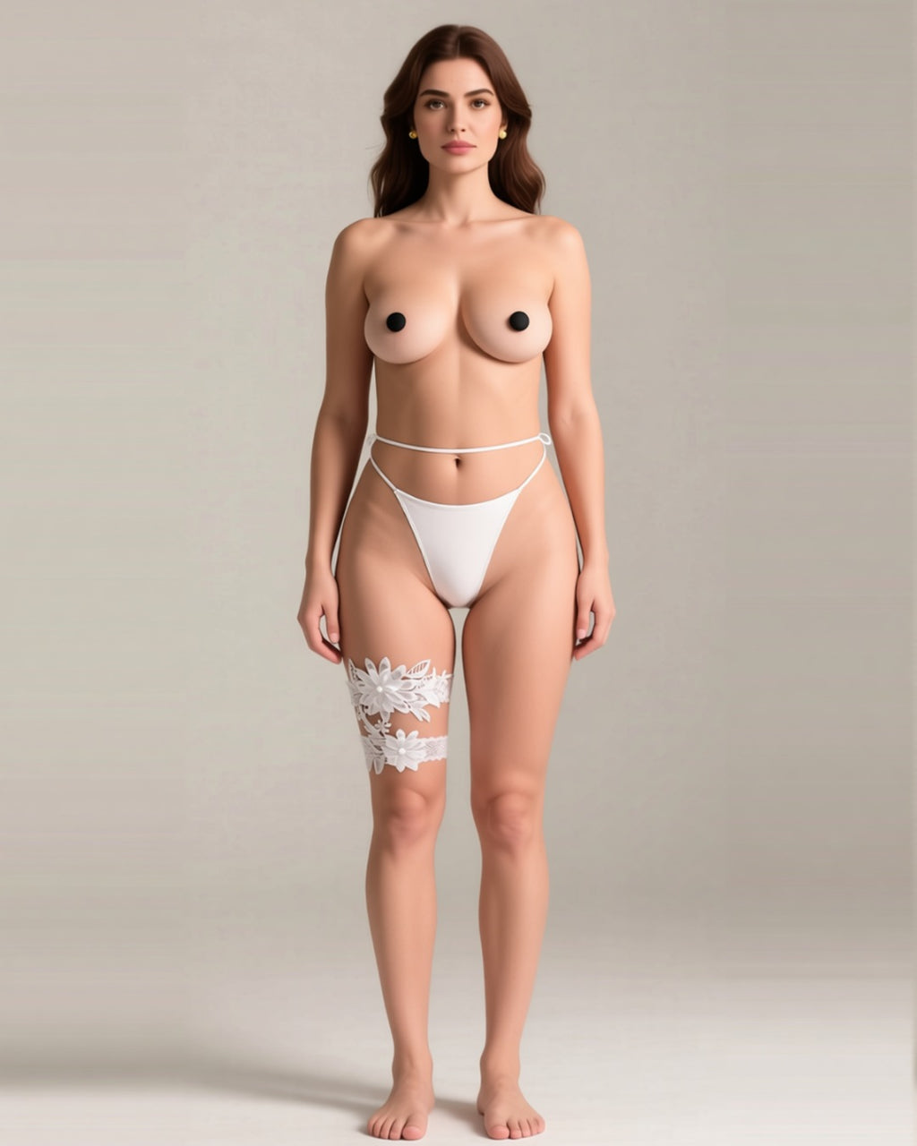 Lace Flower Thigh Garter with Pearls in white, front view on a model. Pieces other than the garter are styling only.