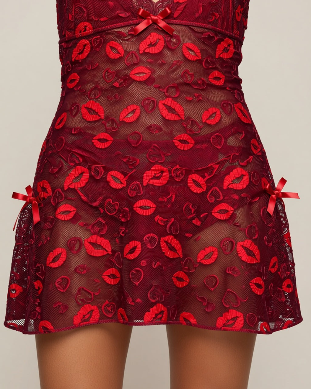 Lip-Print Lace Babydoll and G-String Set, detail close-up of the lip-print mesh skirt and the small red satin bow.
