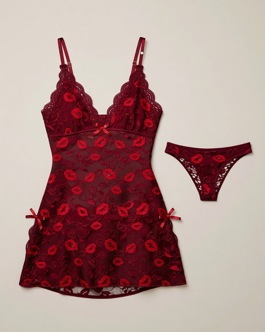 Lip-Print Lace Babydoll and G-String Set, laid flat to show the full piece.