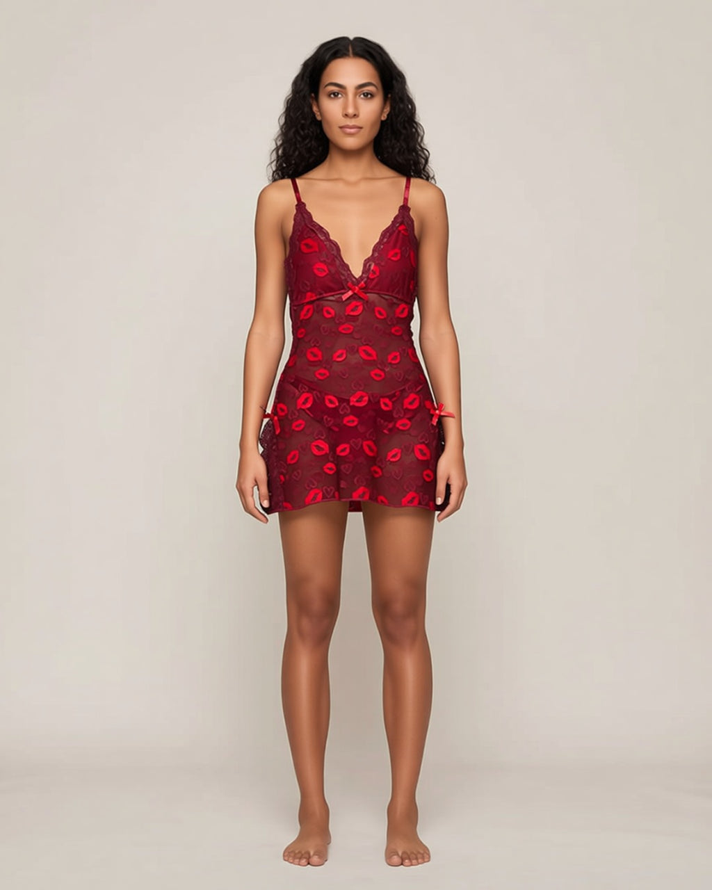 Lip-Print Lace Babydoll and G-String Set, front view on a model.