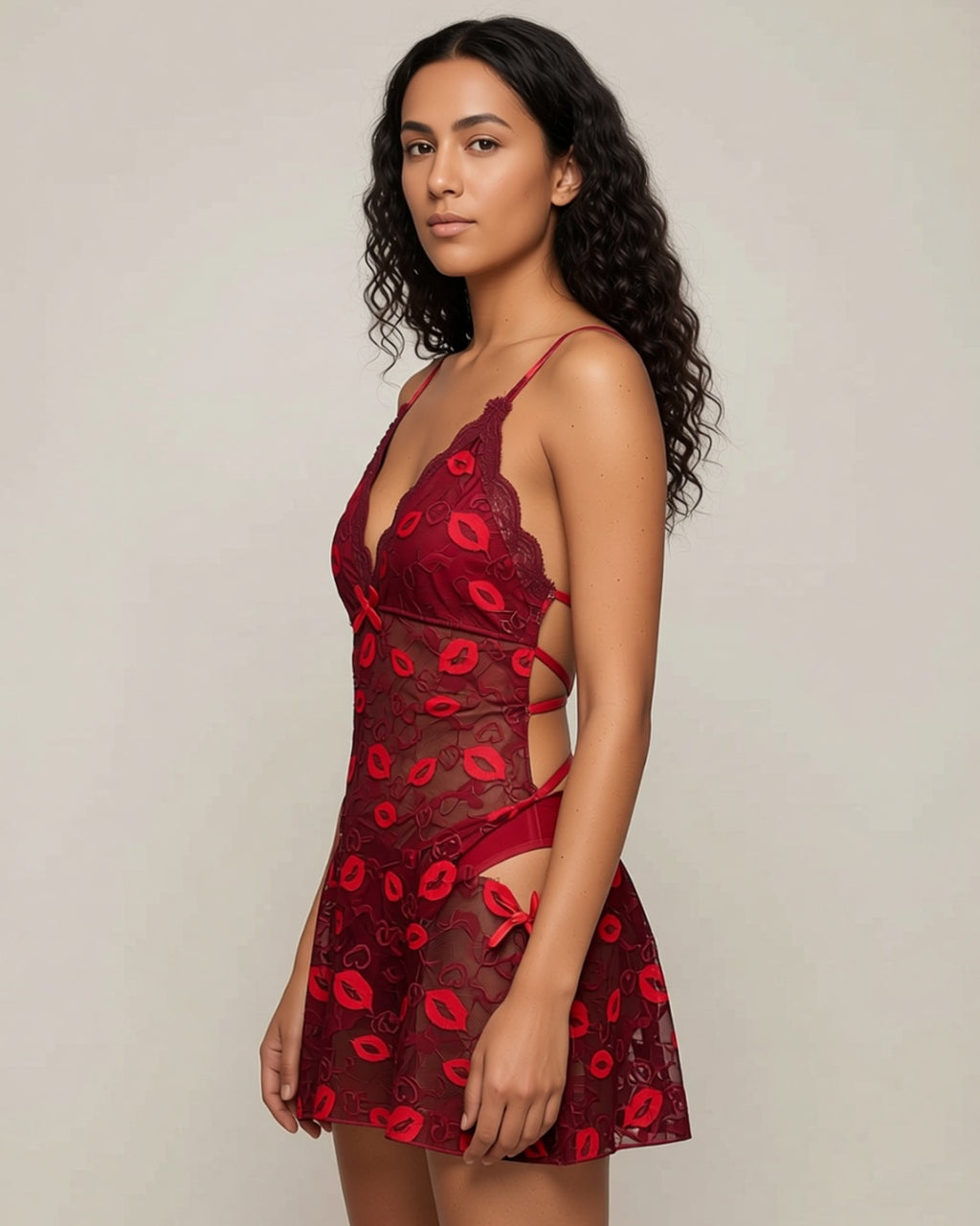 Lip-Print Lace Babydoll and G-String Set, three-quarter view on a model.