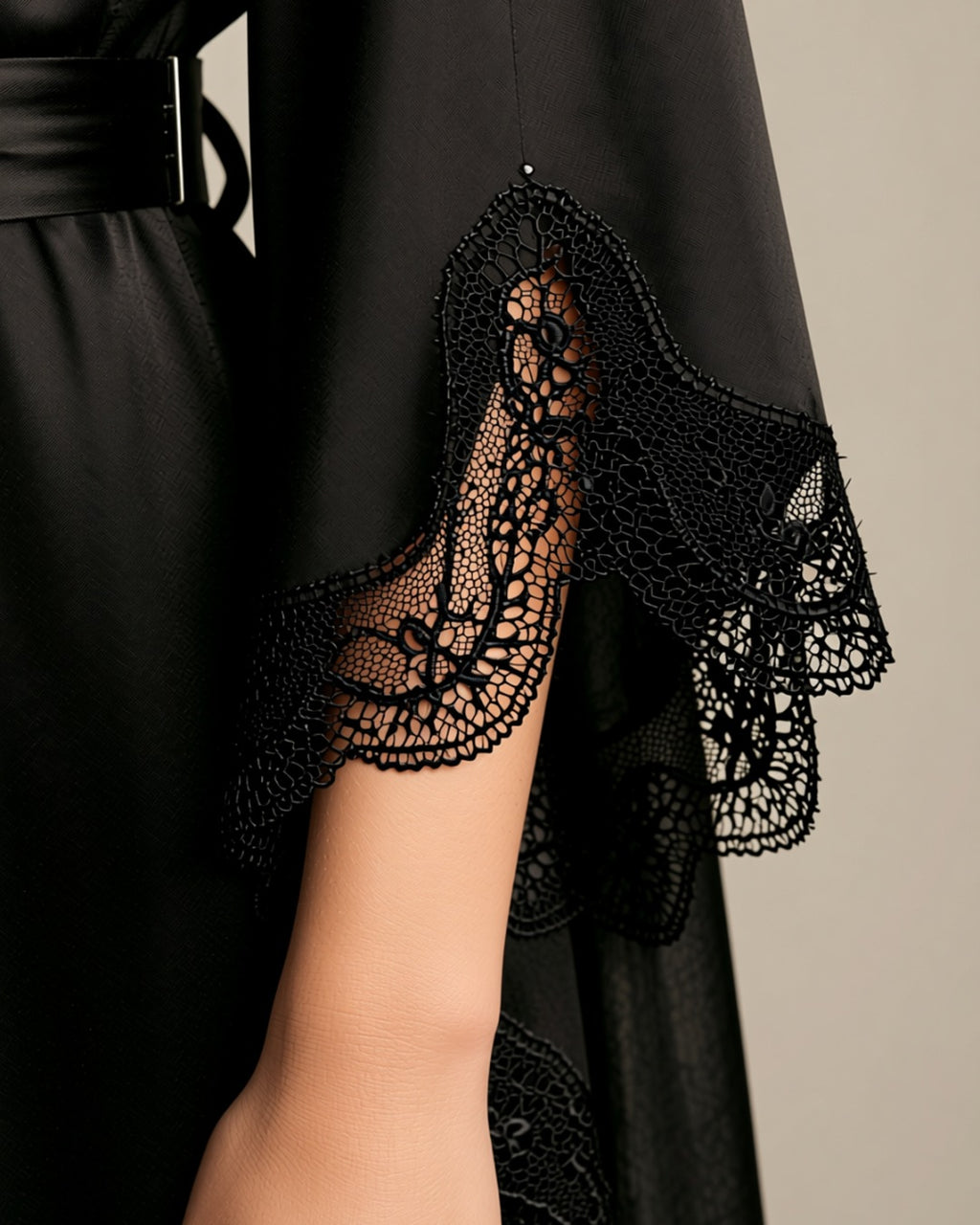 Long Satin Kimono Robe with Lace Trim, detail close-up of the wide flared sleeve and its deep black lace trim.