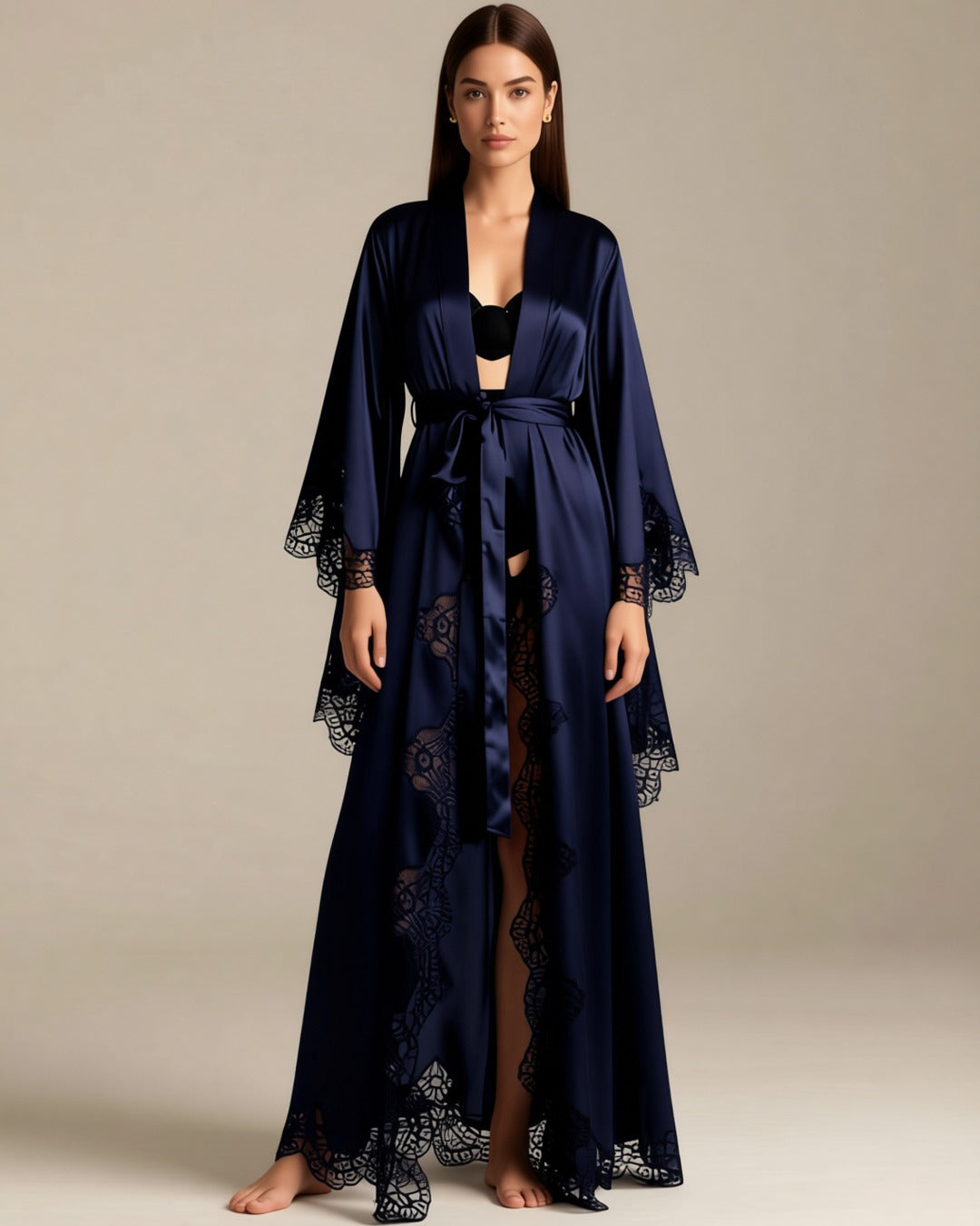 Long Satin Kimono Robe with Lace Trim in navy, front view on a model. Pieces other than the robe are styling only.